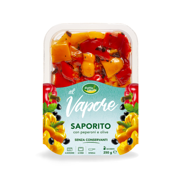 Riverfrut linea Cottintavola, Saporito: contorno V gamma con peperoni e olive, senza conservanti.