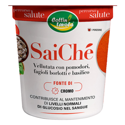 Vellutata con pomodori, fagioli borlotti e basilico